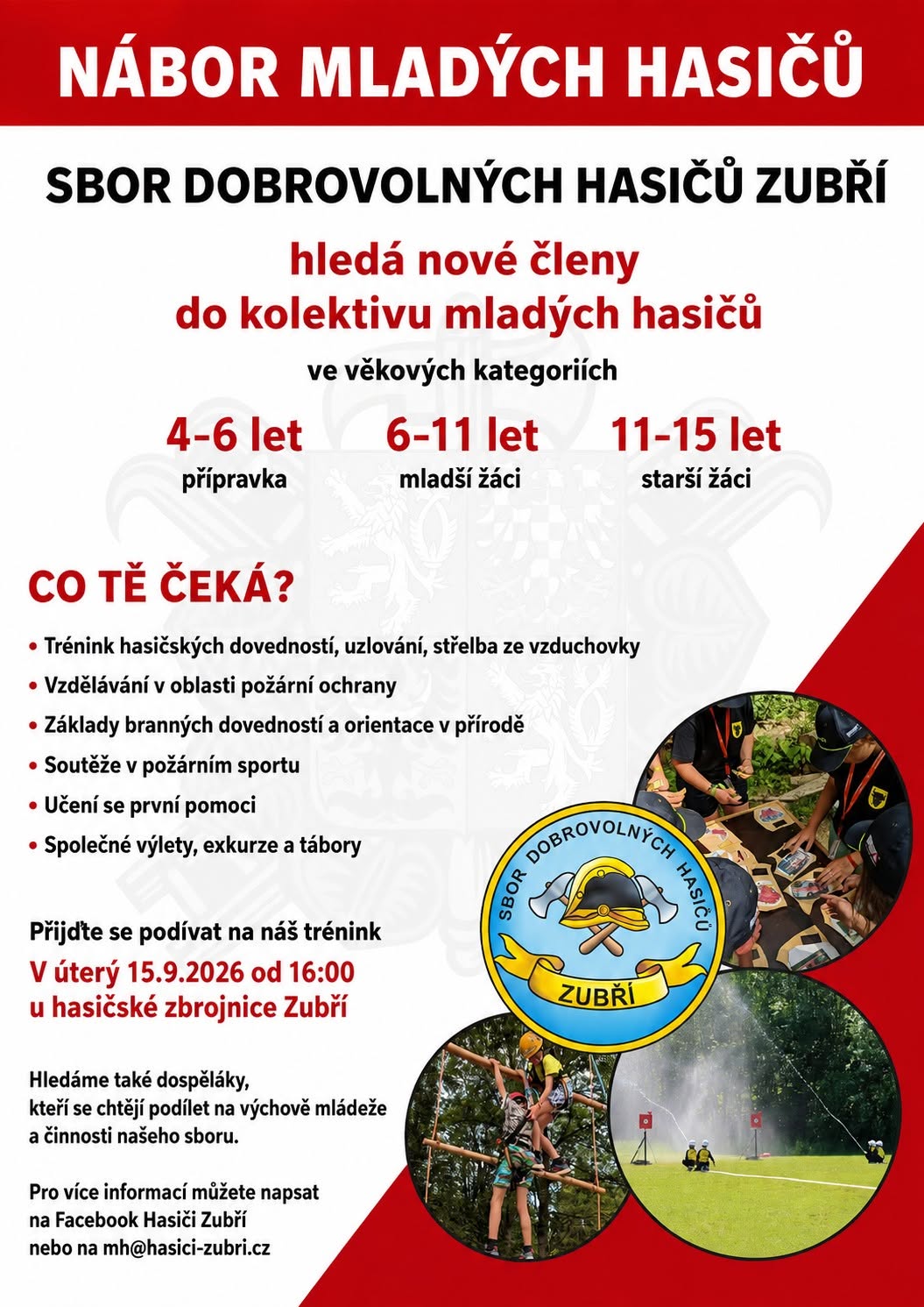 Plakát náboru mladých hasičů SDH Zubří s pozvánkou na trénink 15. září 2026